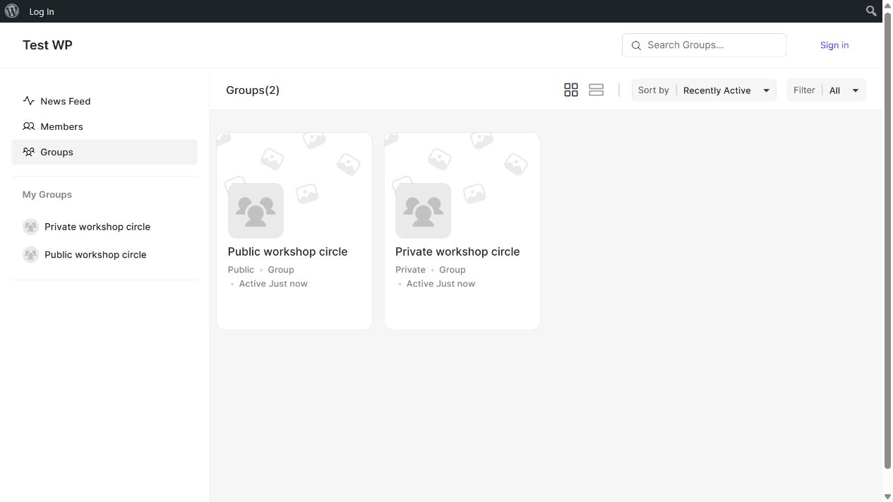BuddyBoss visitor group directory showing the public and private workshop groups but not the hidden group
