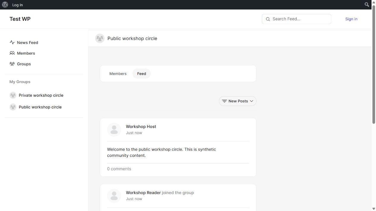 Public workshop group feed readable in the actual BuddyBoss frontend