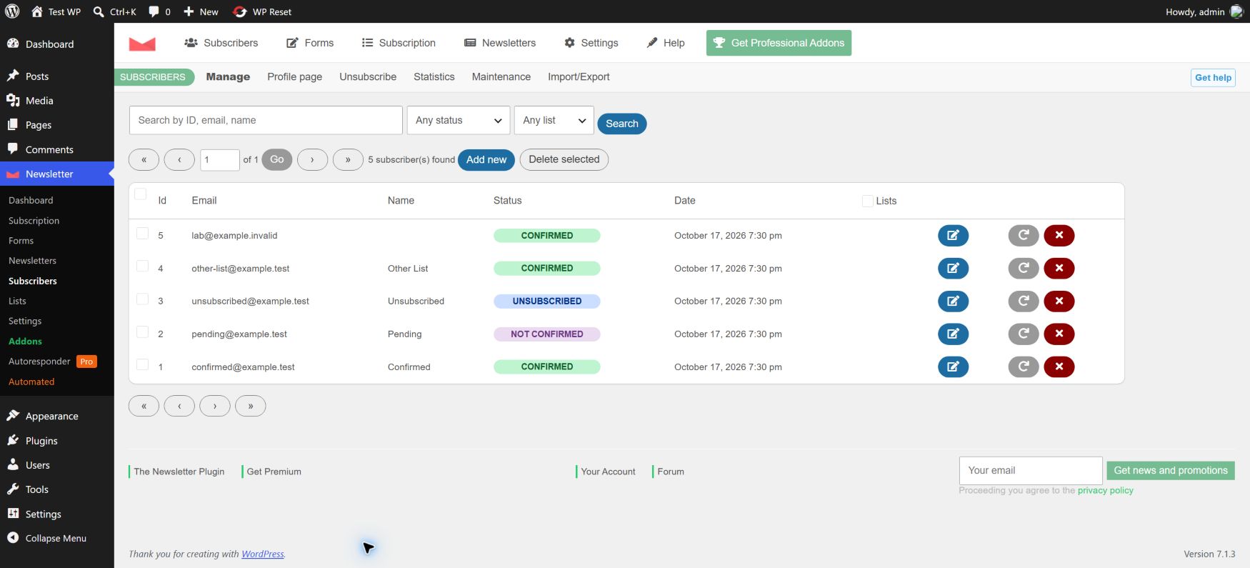 The installed Newsletter subscriber screen shows confirmed, pending and unsubscribed synthetic records